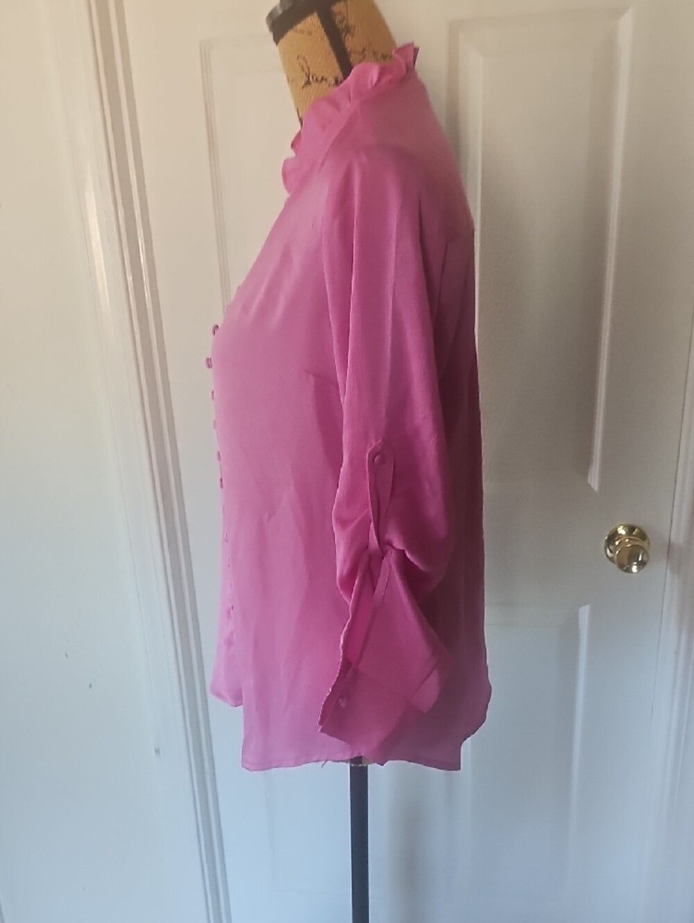 Express Hot Pink Ruffle-Trim Button Front Blouse - Picture 3 of 6